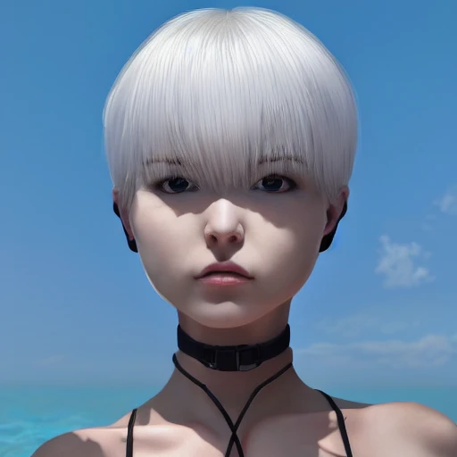 Very detailed, A {{hyperrealistic}} portrait of a beautiful anime girl wearing  rubber swimsuit,white hair,short bob, japanese kawaii, slender body ,cute fine face, waist shot, bottom body close up, volumetric light, intricate, elegant,highly detailed, trending on artstation, digital art,{{blue}} eyes, [[[WLOP]]] , 8k wallpaper, dinamic ocean background, {vivid}, {pastel color}, beautiful skin,beautiful face, --no monochrome