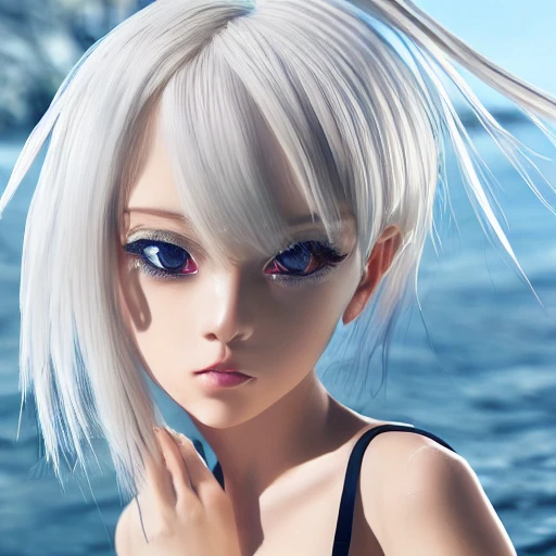 Very detailed, A {{hyperrealistic}} portrait of a beautiful anime girl wearing  rubber swimsuit,white hair,short bob, japanese kawaii, slender body ,cute fine face, waist shot, bottom body close up, volumetric light, intricate, elegant,highly detailed, trending on artstation, digital art,{{blue}} eyes, [[[WLOP]]] , 8k wallpaper, dinamic ocean background, {vivid}, {pastel color}, beautiful skin,beautiful face, --no monochrome