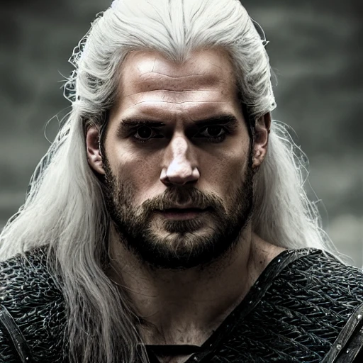 Henry Cavill The Witcher long white hair with beard,  perfect face, perfect eyes, perfect composition, beautiful detailed intricate insanely detailed, trending on artstation, 8 k artistic photography, photorealistic concept art, soft natural volumetric cinematic perfect light, chiaroscuro, oil on canvas, caravaggio, greg rutkowski, Tom Bagshaw and Seb McKinnon , noir, Cartoon, Pencil Sketch