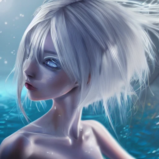 Very detailed, A hyperrealistic portrait concept art of a beautiful anime girl wearing  rubber swimsuit, sci-fi suit, white hair,slender body | | kawaii - cute - fine - face, intricate, elegant, volumetric light, highly detailed. trending on artstation, digital art,pixiv, [[[WLOP]]],{{{pool}}} , 8k wallpaper, {ocean},{photo studio},{{{vivid}}}, {{{red}}}, cinema4d, bottom body close up, full body, pastel color, kawaii, beautiful skin, profile,selflie