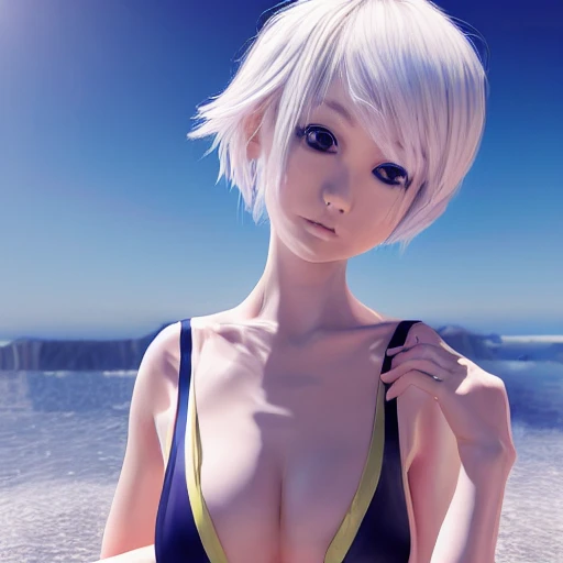 A hyperrealistic portrait of a beautiful anime girl wearing  rubber swimsuit, sci-fi suit, bob short white hair, japanese kawaii, slender body ,fine face,Very detailed, intricate, elegant, volumetric light, highly detailed. trending on artstation, digital art, [[[WLOP]]] , 8k wallpaper, {{ocean}}, indoor, vivid, {red}, bottom body close up, full body, {pastel color}, beautiful skin, Asuka,{{{{{cloud}}}}},{{{{glasses}}}},{{forest}},sunlight, selfie