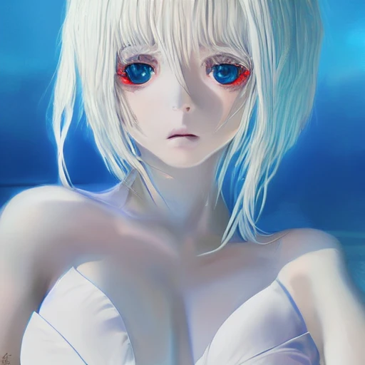 Very detailed, A hyperrealistic portrait concept art of a beautiful anime girl wearing  rubber swimsuit, sci-fi suit, white hair,slender body | | kawaii - cute - fine - face, intricate, elegant, volumetric light, highly detailed. trending on artstation, digital art,pixiv, [[[WLOP]]],{{{pool}}} , 8k wallpaper, {ocean},{photo studio},{{{vivid}}}, {{{red}}}, cinema4d, bottom body close up, full body, pastel color, kawaii, beautiful skin, profile,selflie