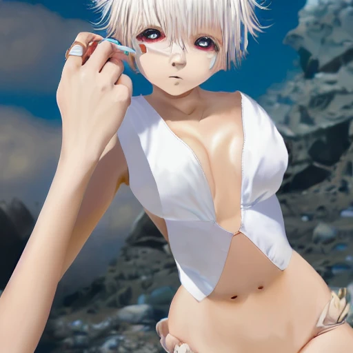 A hyperrealistic portrait of a beautiful anime girl wearing  rubber swimsuit, sci-fi suit, bob short white hair, japanese kawaii, slender body ,fine face,Very detailed, intricate, elegant, volumetric light, highly detailed. trending on artstation, digital art, [[[WLOP]]] , 8k wallpaper, {{ocean}}, indoor, vivid, {red}, bottom body close up, full body, {pastel color}, beautiful skin, Asuka,{{{{{cloud}}}}},{{{{glasses}}}},{{forest}},sunlight, selfie,photo studio