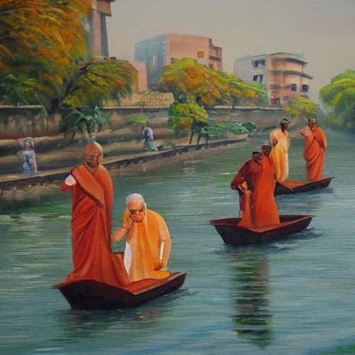 , Oil Painting, narendra modi, kashi, river, tea