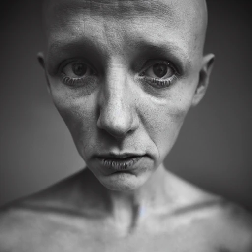 anxiety, woman, selfportrait, no hair, naked, 30 years old, photo,  ambient light, Nikon 15mm f/1.8G, by Lee Jeffries, Alessio Albi, Adrian Kuipers