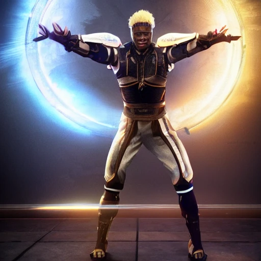 a hyper realistic, poster of kevin hart, as raiden from mortal kombat, in the style of makoto shinkai and greg rutkowski  brown skin, high definition, Detailed and Intricate, Geometric, CGI, PBR, detailed, digital masterpiece, 8k, smooth, [sharp focus], unreal engine 5 rendered, illustration, cinematic lighting, [high octane render], detailed environment], [high key lighting, highly detailed, fine detail, intricate, award - winning, {high definition anatomy}, 

, Trippy