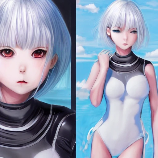 Very detailed, A hyperrealistic portrait concept art of a beautiful anime girl wearing  rubber swimsuit, sci-fi suit, white hair,slender body | | kawaii - cute - fine - face, intricate, elegant, volumetric light, highly detailed. trending on artstation, digital art,pixiv, [[[WLOP]]],{{{pool}}} , 8k wallpaper, {ocean},{{{photo studio}}},{{{vivid}}}, {{{red}}}, cinema4d, bottom body close up, full body, pastel color, kawaii, beautiful skin, profile, beautiful face,rainbow background