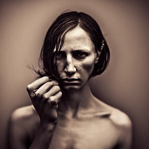 full body, woman, no hair, naked, unhappy, small nose, photo,  ambient light, Canon 14mm f/1.4L, by Lee Jeffries, Alessio Albi, Adrian Kuipers