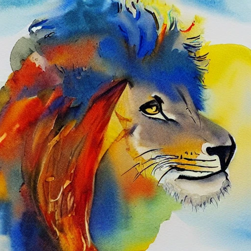 blue duck kissing a lion, Water Color