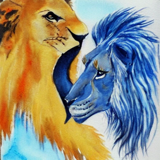 blue duck kissing a lion, Water Color