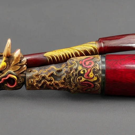 A rosewood scepter with Falco Rusticolus head with two Ruby eyes winding by a Chinese dragon with golden scales with Chinese Kirin horn on the head, hyperdetailed, 8k, realistic 