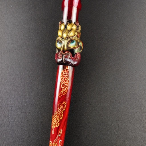 A rosewood scepter with Falco Rusticolus head with two Ruby eyes winding by a Chinese dragon with golden scales with Chinese Kirin horn on the head, full size, hyperdetailed, 8k, realistic 