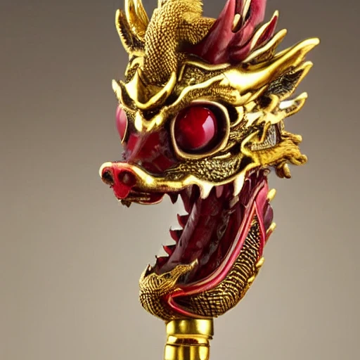 A rosewood scepter with Falco Rusticolus head, two Ruby eyes on its head a Chinese dragon with golden scales winding on the scepter,  full size, hyperdetailed, 8k, realistic , 3D