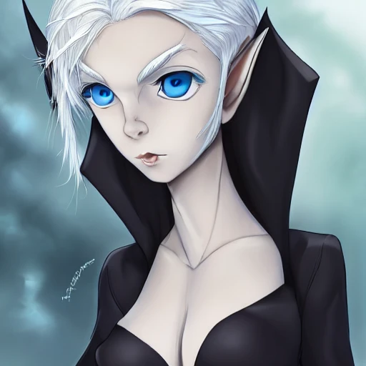 White skin, white hair, blue pupils, two-dimensional girl, black silk, elf