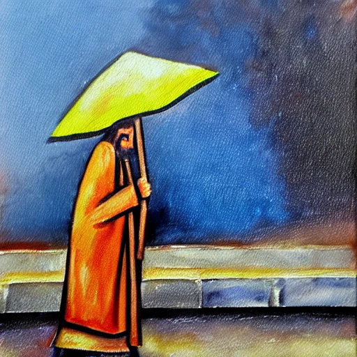 Jesucristo caminando en la lluvia con un paraguas, Oil Painting, Water Color