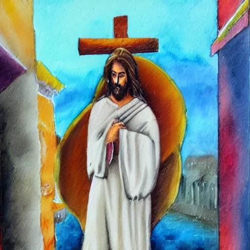 Jesucristo caminando en la lluvia con un paraguas, Oil Painting, Water Color, Cartoon