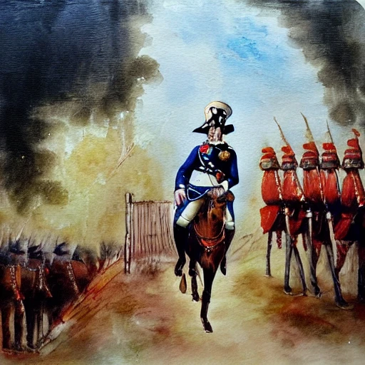 Napoleon Bonaparte caminando en la lluvia con un paraguas, Oil Painting, Water Color, Cartoon, Oil Painting