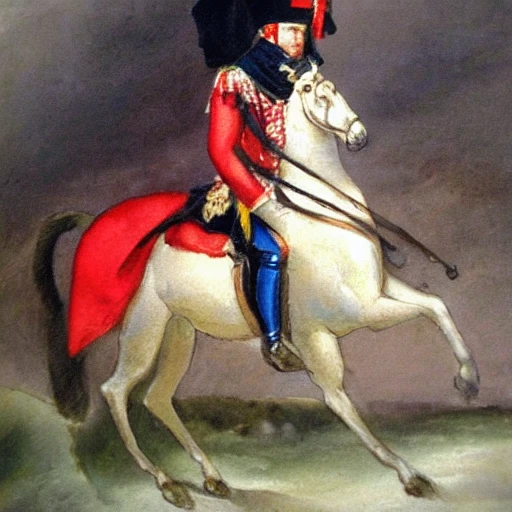 Napoleon Bonaparte caminando en la lluvia con un paraguas, Oil Painting, Water Color, Cartoon, Oil Painting, Water Color