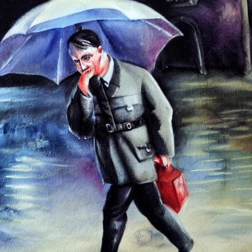 Adolf Hitler caminando en la lluvia con un paraguas, Oil Painting, Water Color, Cartoon, Oil Painting, Water Color, Cartoon, Oil Painting