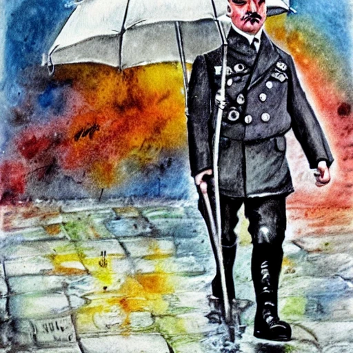 Adolf Hitler caminando en la lluvia con un paraguas, Oil Painting, Water Color, Cartoon, Oil Painting, Water Color, Cartoon, Oil Painting, Water Color, Cartoon