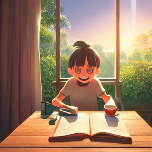 a wholesome cottagecore illustration of a happy cartoon hamburger studying math, studio Ghibli, Pixar and Disney animation, sharp, Rendered in Redshift and Unreal Engine 5 by Greg Rutkowski, Bloom, dramatic lighting, sunrise, 3D