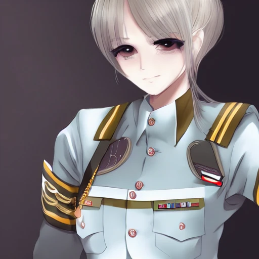 Hand-painted, delicate, girl, military uniform, white silk, high-definition, anime