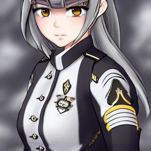Hand-painted, delicate, girl, military uniform, black silk, high-definition, anime