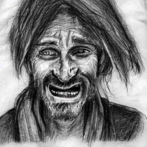 dirty homeless man, long hair, missing teeth, pencil sketch, street corner