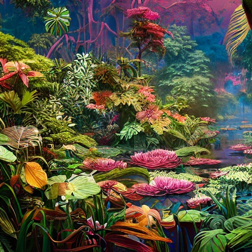 a beautiful painting of jungle plants, flowers, river, surrounded by magical lighting, 4 k unreal engine renders, ultra - wide angle, by victo ngai, geof darrow, peter mohrbacher, johfra bosschart, thomas kinkade, hd, pastel color scheme , Water Color