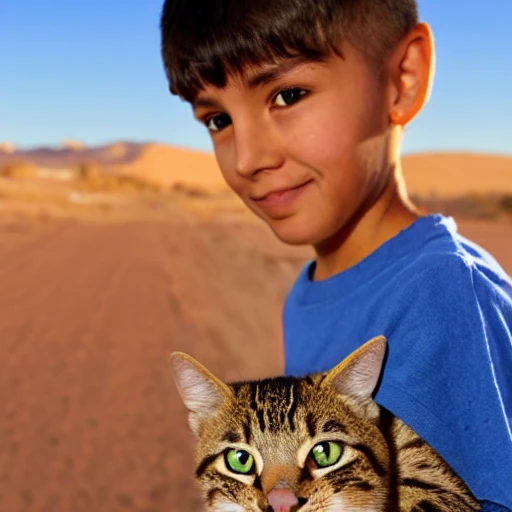 a boy going to a school in desert with a cute cat
, Cartoon