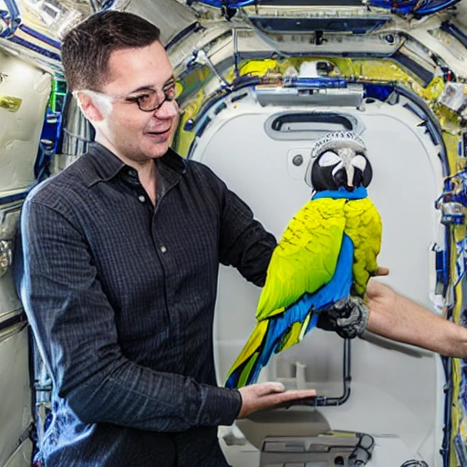 a product manager in space talking to parrots