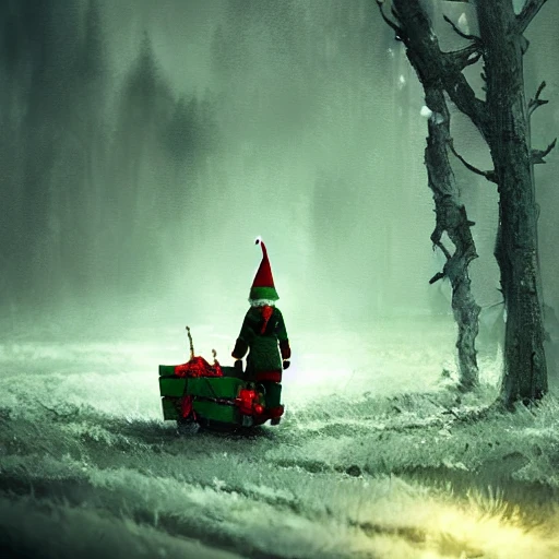 Wicked Elf dragging Christmas tree, beautiful landscape, dramatic lighting, cinematic, establishing shot, night time, heavy rain, extremly high detail, photorealistic, cinematic lighting, post processed, concept art, artstation, matte painting, style by greg rutkowsky 