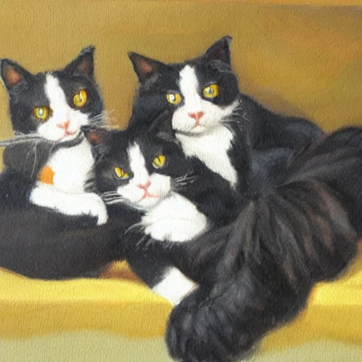 two tuxedo cats playing with a cute girl, Oil Painting