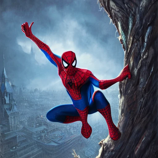 spiderman swinging from tree, fantasy, dramatic, intricate, elegant, highly detailed, digital painting, artstation, concept art, smooth, sharp focus, illustration, art by Gustave Dore, octane render