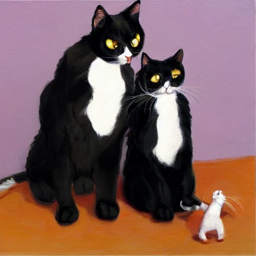 two tuxedo cats playing with a cute girl, Oil Painting, 3D