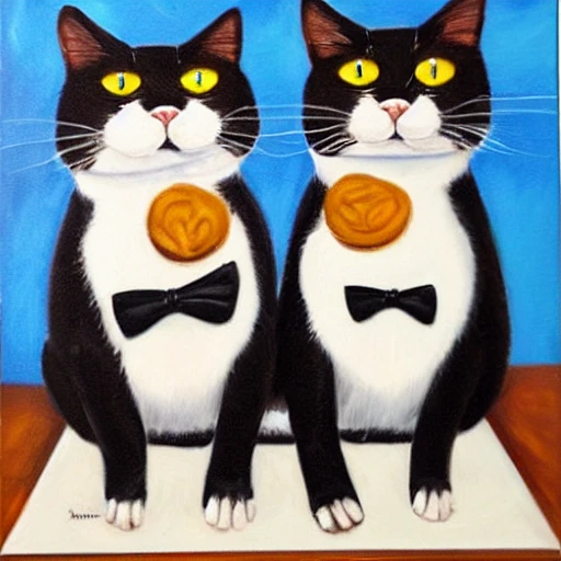 two tuxedo cats eating cookie, Oil Painting, 3D