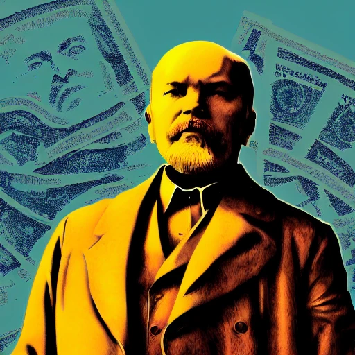 Lenin, meta-cosmic style, Americana, cinematic, volumetric lighting, ultra-wide angle view, realistic, bitcoin, digital currency, cryptocurrency