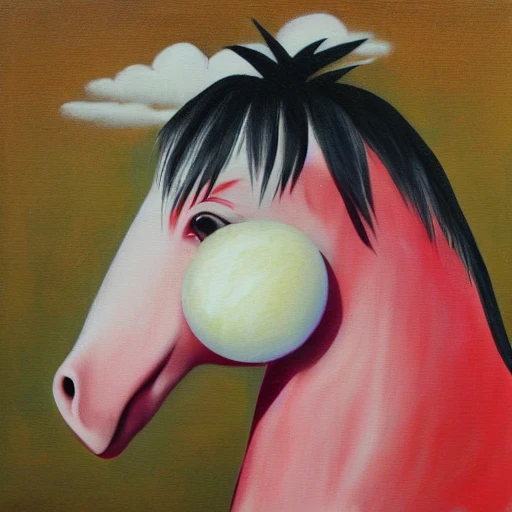 egg, japan, clouds, red horse, pink bird, sad, hopeless, dark, Matese  , Oil Painting