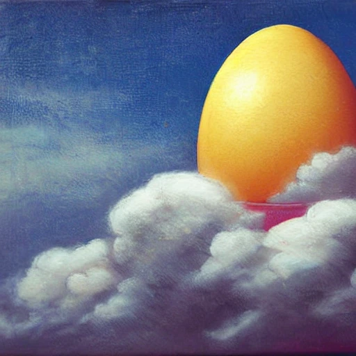 egg, japan, clouds, pink bird, sad, hopeless, dark, Matese  , Oil Painting