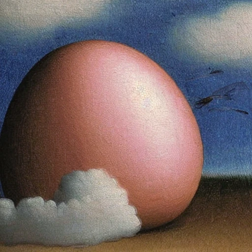 egg, japan, clouds, pink bird, sad, hopeless, dark, Leonardo  , Oil Painting