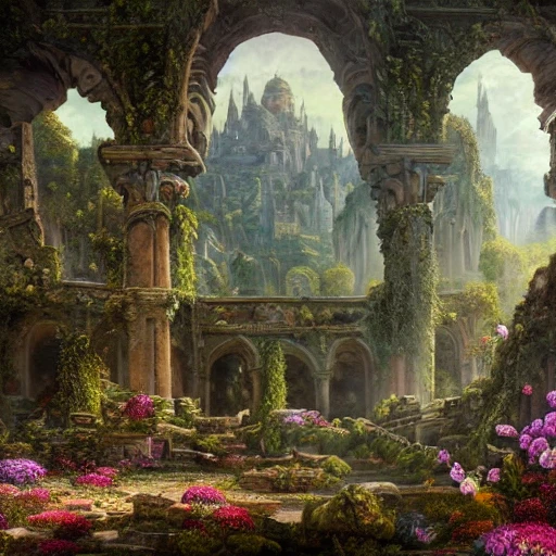 a beautiful and highly detailed matte painting of a beautiful dream ancient ruin palace in a magical fantasy forest garden, colorful flowers, psychedelic, epic scale, insanely complex, hyperdetailed, sharp focus, hyperrealism, artstation, cgsociety, 8 k, bright colors, by caspar friedrich, albert bierstadt, james gurney, brian froud, fantastic view 3D shading shadow depth, 3D
