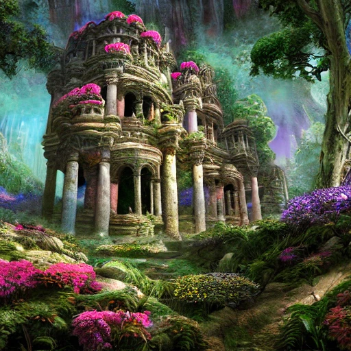 a beautiful and highly detailed matte painting of a beautiful dream ancient ruin palace in a magical fantasy forest garden, colorful flowers, psychedelic, epic scale, insanely complex, hyperdetailed, sharp focus, hyperrealism, artstation, cgsociety, 8 k, bright colors fantastic view 3D shading shadow depth, 3D