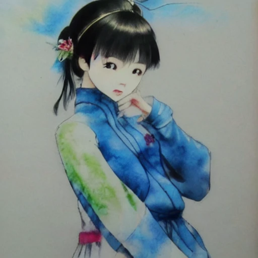 美丽的小女孩踩着赛博朋克滑板，上面带着小奶狗, Water Color