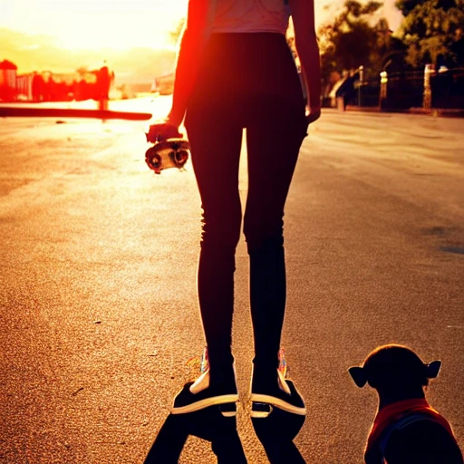 beautiful anime girl, skateboard, little dog, shadow, back view,Sunset,steal,Cyberpunk