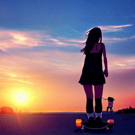 beautiful anime girl, on skateboard, little dog, shadow, back view,Sunset,steal,Cyberpunk