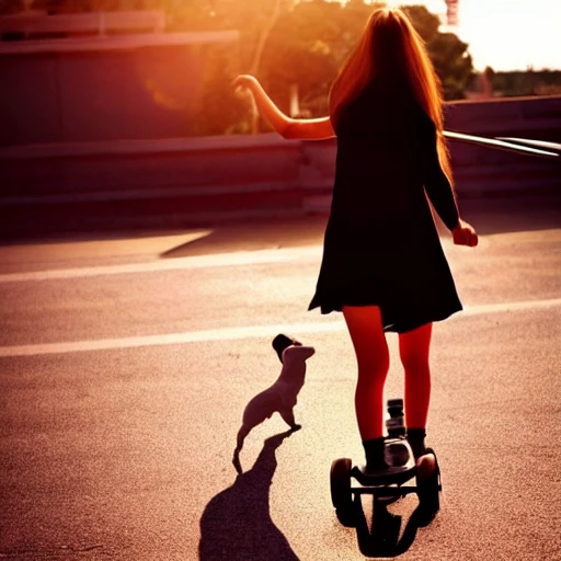 beautiful anime girl, skateboard, little dog, shadow, back view,sun,good body shape,fire,fly on a skateboard,sexy legs