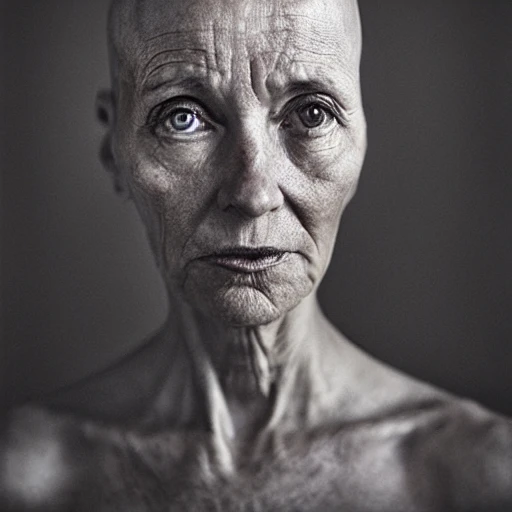 woman, older, no hair, naked, tits, photo, dark light, different, Nikon 28mm f/1.4L, by Lee Jeffries, Alessio Albi, Adrian Kuipers