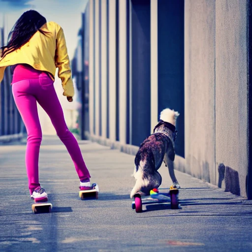 Slim, girl, back, walking on a skateboard, next to a dog, fast, flying in the air, gorgeous colors, leather clothes, anime, wrist guards, knee pads