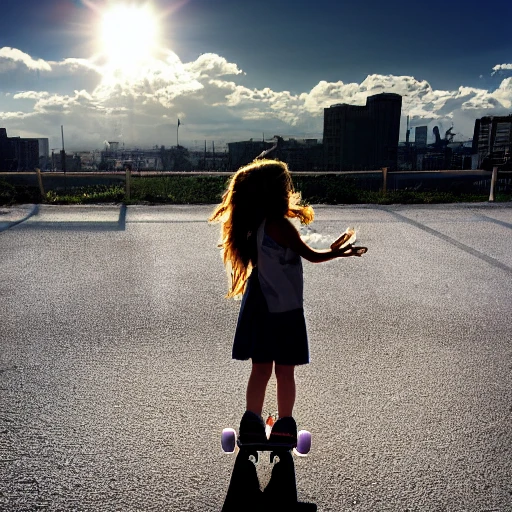 sky,sun,cloud,girl,holding a skateboard,Cartoon,shadow