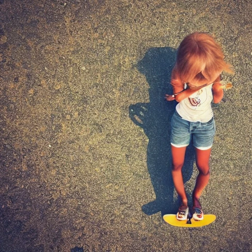 sky,sun,cloud,girl,holding a skateboard,Cartoon,shadow,little dog,nature